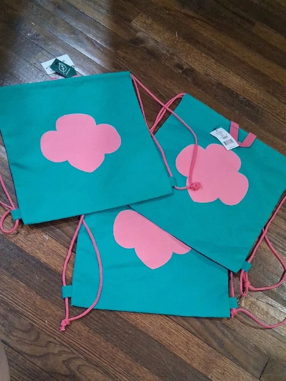 3 Green Drawstring Backpack with Pink Clover Graphic Girl Scouts
